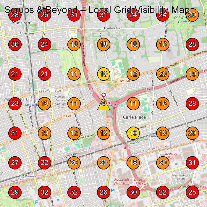 Scrubs & Beyond GeoGrid visibility map for Piano Store in Carle Place